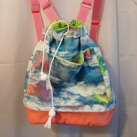New Rainbow Clouds print Mini Backpack Sling Bag Pink Blue Green Drawstring tote - Picture 2 of 9